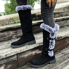 Women's Faux-Suede Knee-High Boots with Fur Trim - Buckle Detail