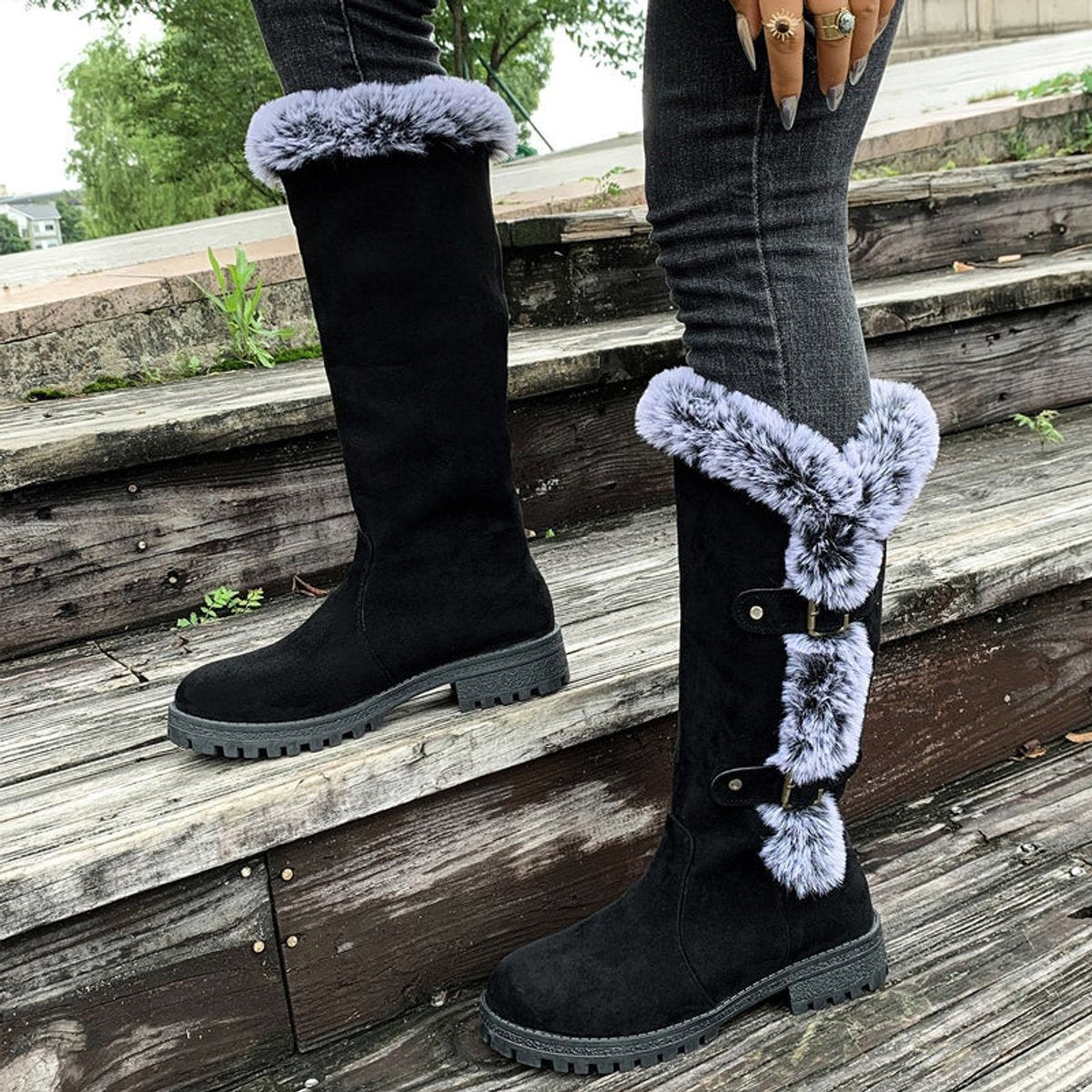 Women's Faux-Suede Knee-High Boots with Fur Trim - Buckle Detail