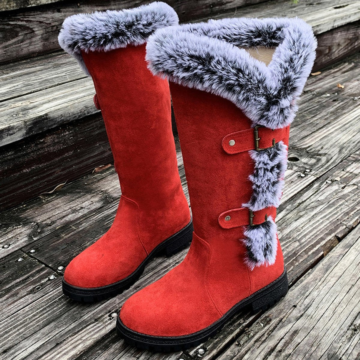 Women's Faux-Suede Knee-High Boots with Fur Trim - Buckle Detail - Red