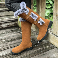 Women's Faux-Suede Knee-High Boots with Fur Trim - Buckle Detail - Tan
