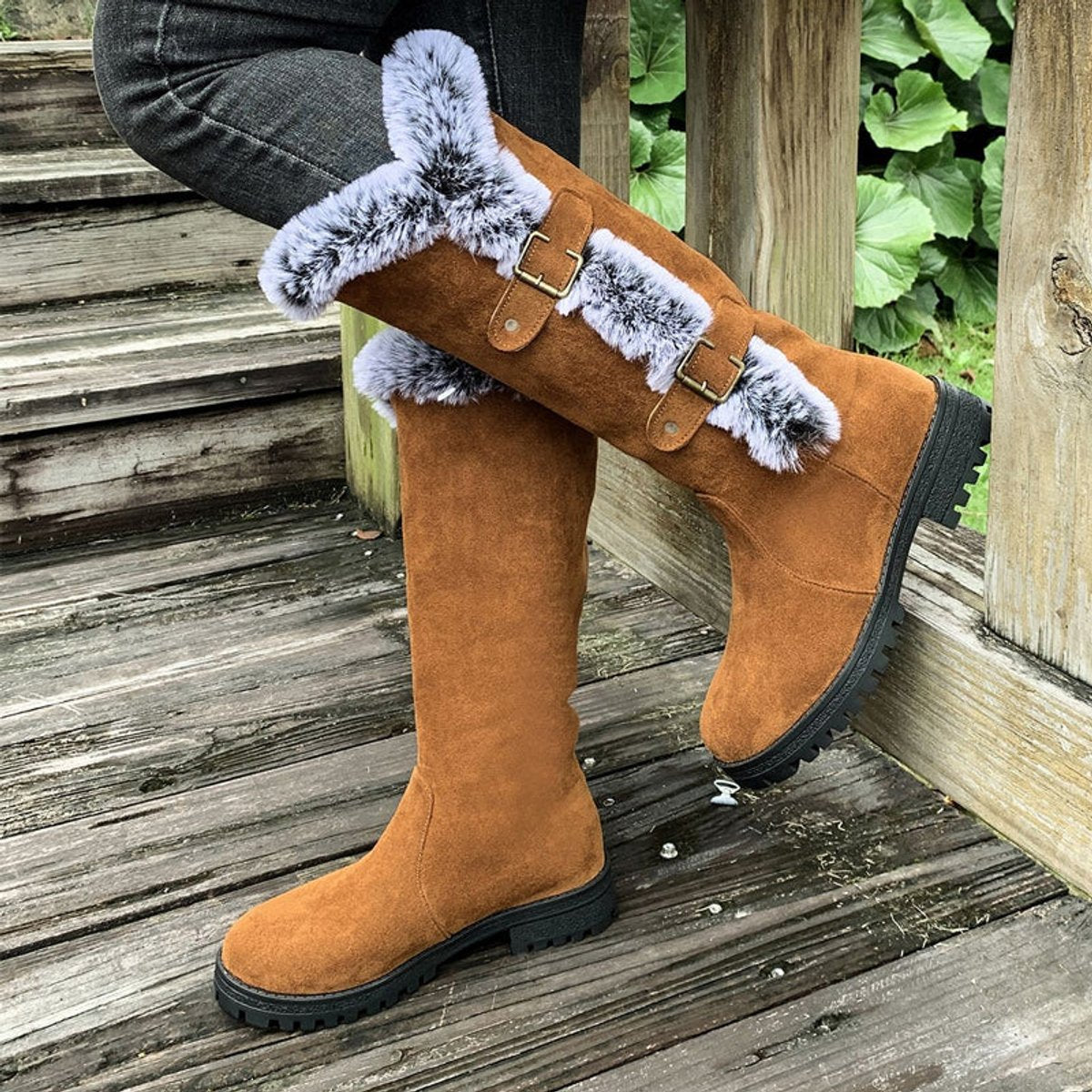 Women's Faux-Suede Knee-High Boots with Fur Trim - Buckle Detail - Tan