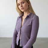 Women's Fitted Rib Top | Button Collar | Elegant | Autumn - Purple