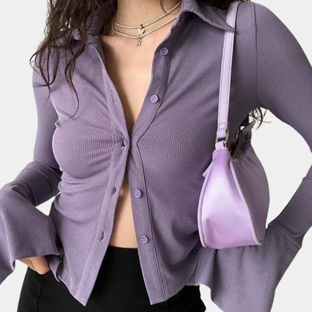 Women's Fitted Rib Top | Button Collar | Elegant | Autumn