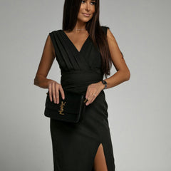 Women's Fitted V-Neck Dress - Elegant Silhouette | Summer - Black