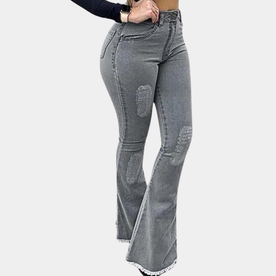 Women's Flared Jeans with Patch Details - Retro Style | Spring - Grey