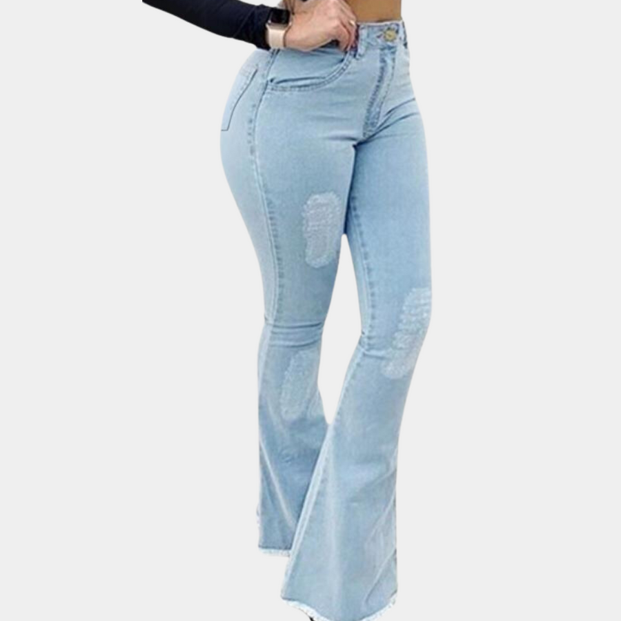 Women's Flared Jeans with Patch Details - Retro Style | Spring - Light Blue