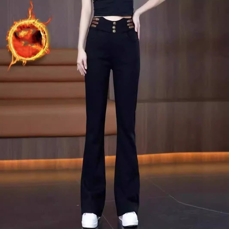 Women's Flared Winter Pants with Fleece Lining - Black - Black