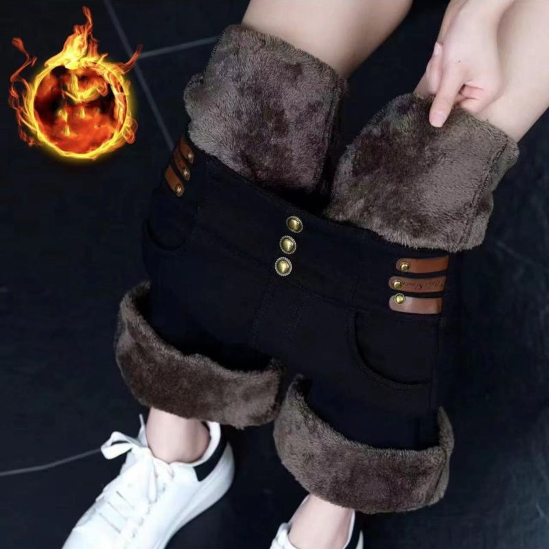 Women's Flared Winter Pants with Fleece Lining - Black