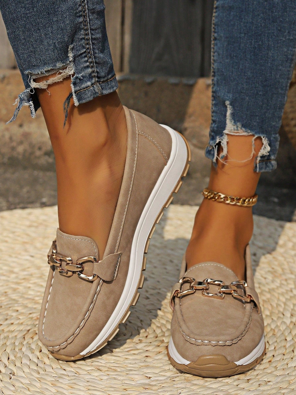 Women's Flat Loafers Slip-On Buckle Comfort Walking Shoes | Spring - Khaki