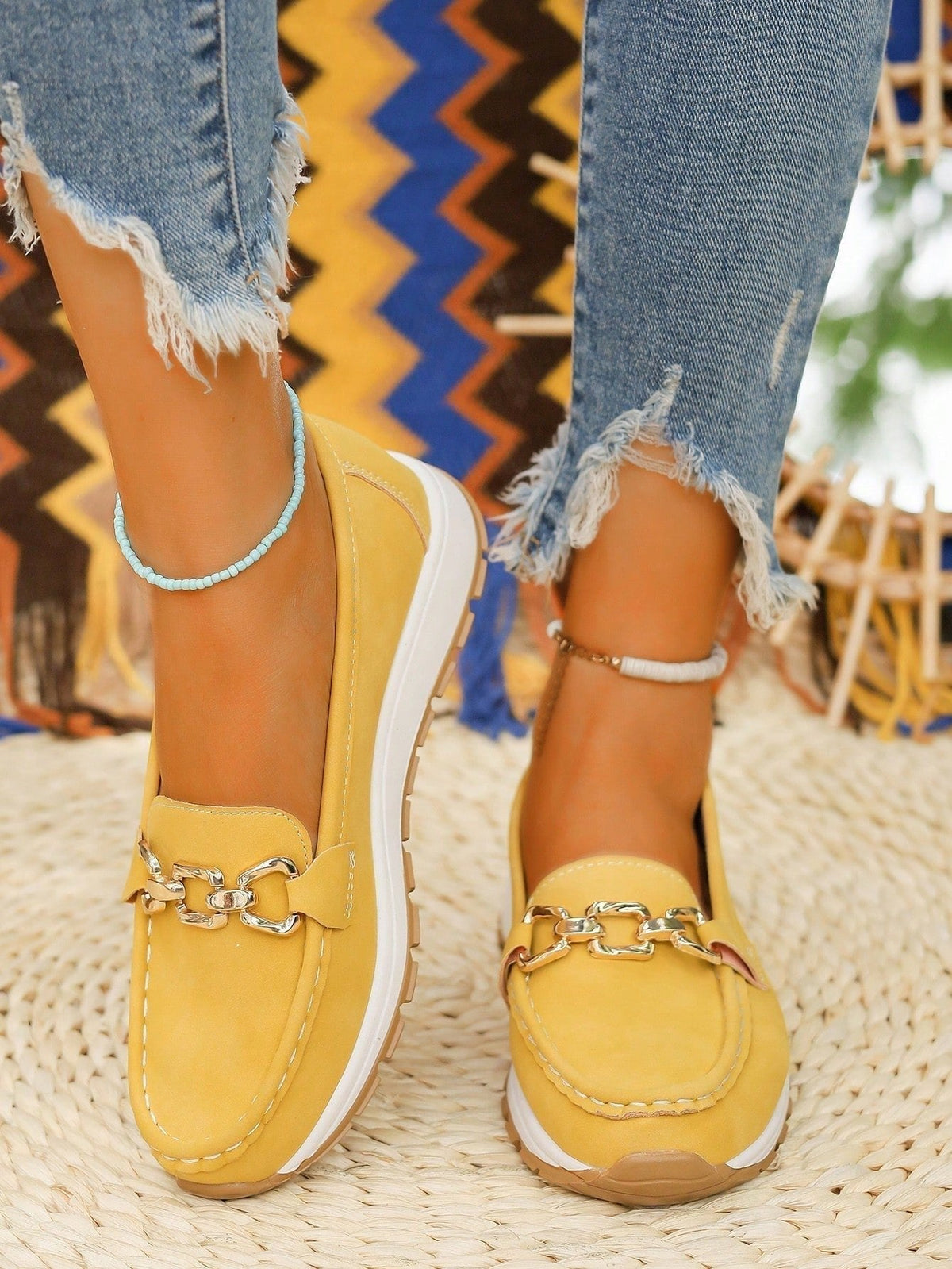 Women's Flat Loafers Slip-On Buckle Comfort Walking Shoes | Spring - Yellow