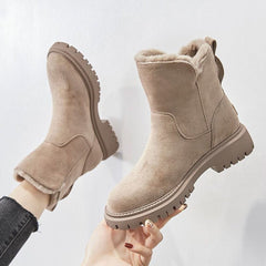 Women's Fleece-Lined Suede Slip-On Winter Ankle Boots - Beige