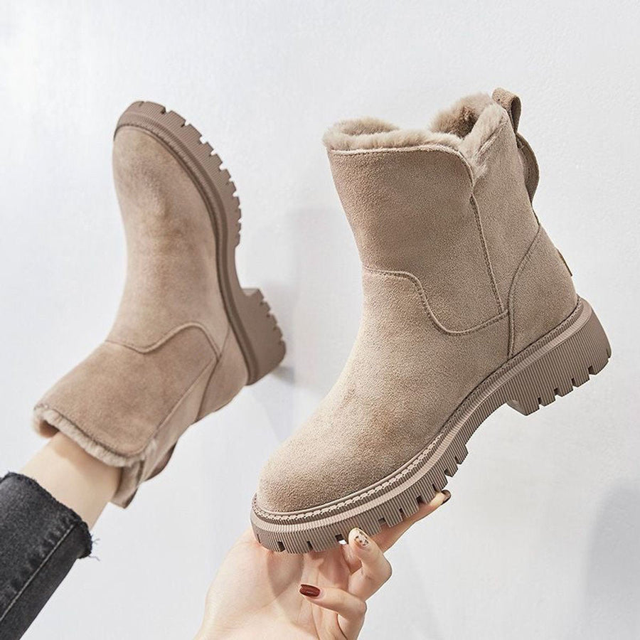 Women's Fleece-Lined Suede Slip-On Winter Ankle Boots - Beige