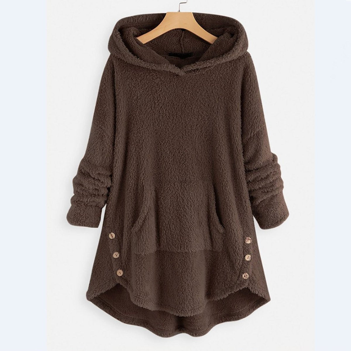 Women's Fleece Zip-Up Hooded Sweater with Cat Pocket | Autumn - Brown