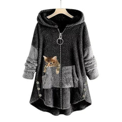 Women's Fleece Zip-Up Hooded Sweater with Cat Pocket | Autumn - Dark Gray