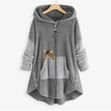 Women's Fleece Zip-Up Hooded Sweater with Cat Pocket | Autumn - Gray
