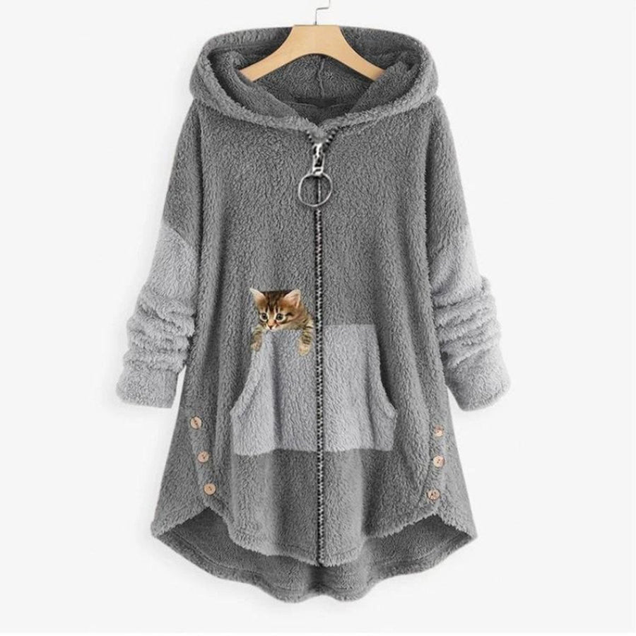 Women's Fleece Zip-Up Hooded Sweater with Cat Pocket | Autumn - Gray
