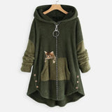 Women's Fleece Zip-Up Hooded Sweater with Cat Pocket | Autumn - Green