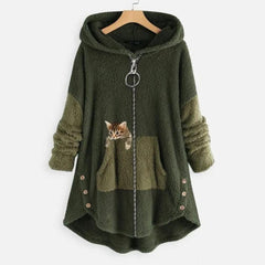 Women's Fleece Zip-Up Hooded Sweater with Cat Pocket | Autumn - Green