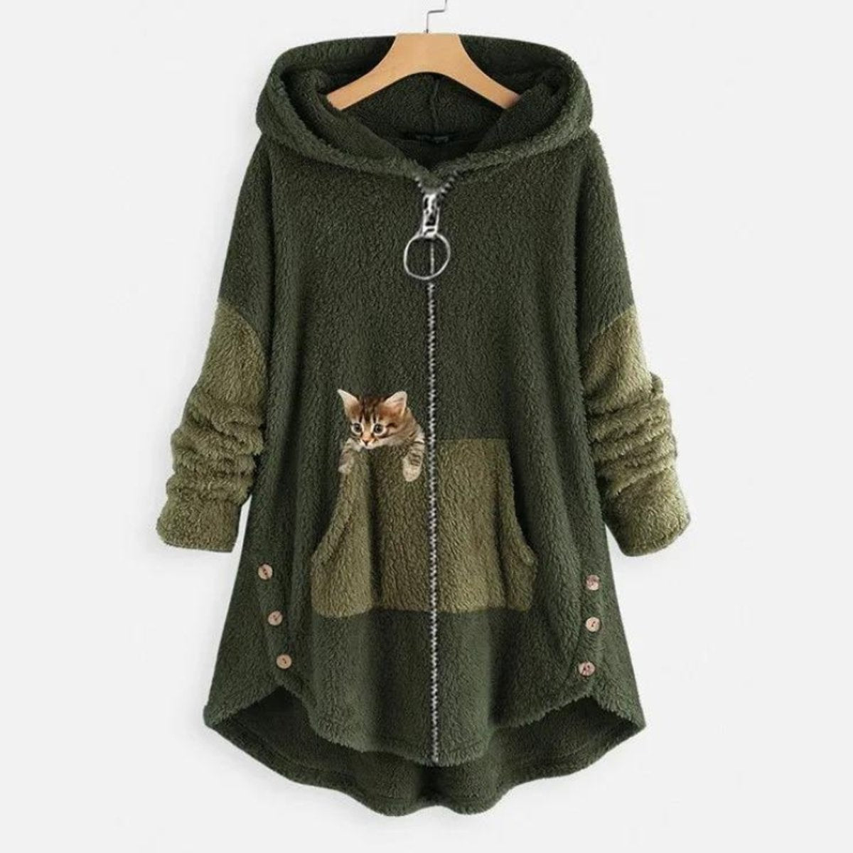Women's Fleece Zip-Up Hooded Sweater with Cat Pocket | Autumn - Green