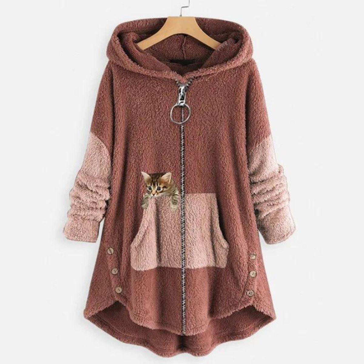 Women's Fleece Zip-Up Hooded Sweater with Cat Pocket | Autumn - Pink