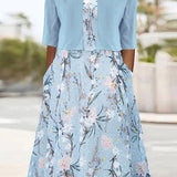 Women's Floral A-Line Midi Dress with 3/4 Sleeves | Spring - Light Blue