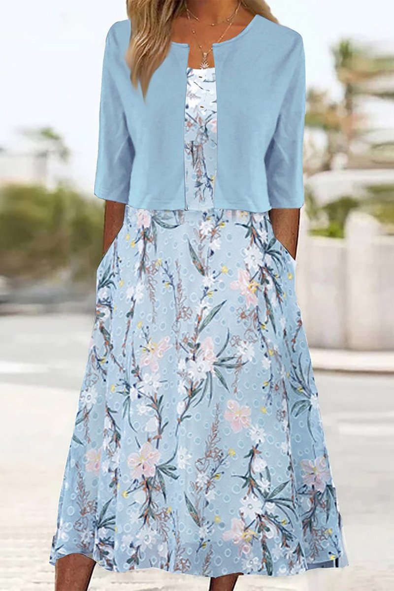 Women's Floral A-Line Midi Dress with 3/4 Sleeves | Spring - Light Blue