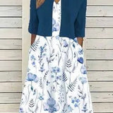 Women's Floral A-Line Midi Dress with 3/4 Sleeves | Spring - Navy