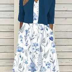 Women's Floral A-Line Midi Dress with 3/4 Sleeves | Spring - Navy