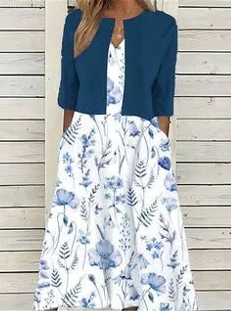 Women's Floral A-Line Midi Dress with 3/4 Sleeves | Spring - Navy