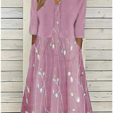 Women's Floral A-Line Midi Dress with 3/4 Sleeves | Spring - Pink