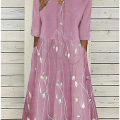 Women's Floral A-Line Midi Dress with 3/4 Sleeves | Spring - Pink