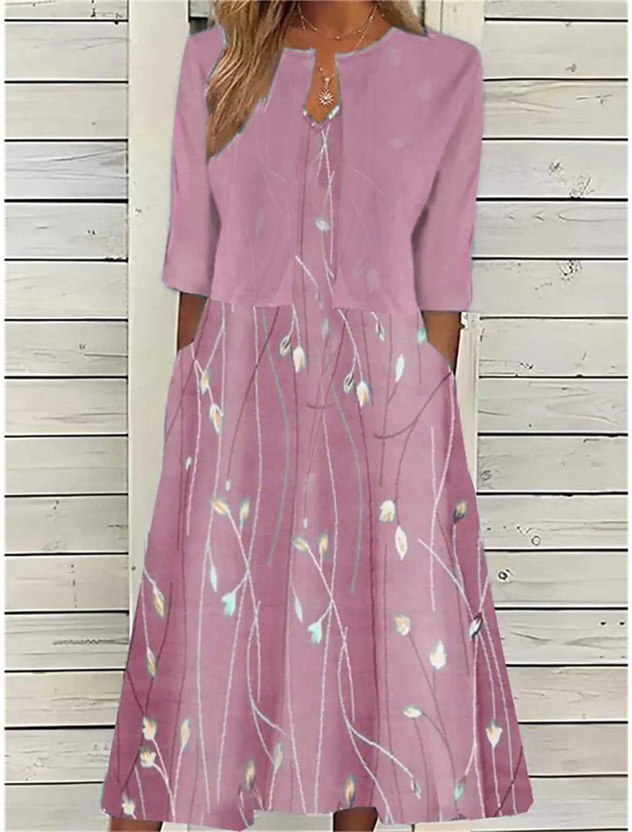 Women's Floral A-Line Midi Dress with 3/4 Sleeves | Spring - Pink