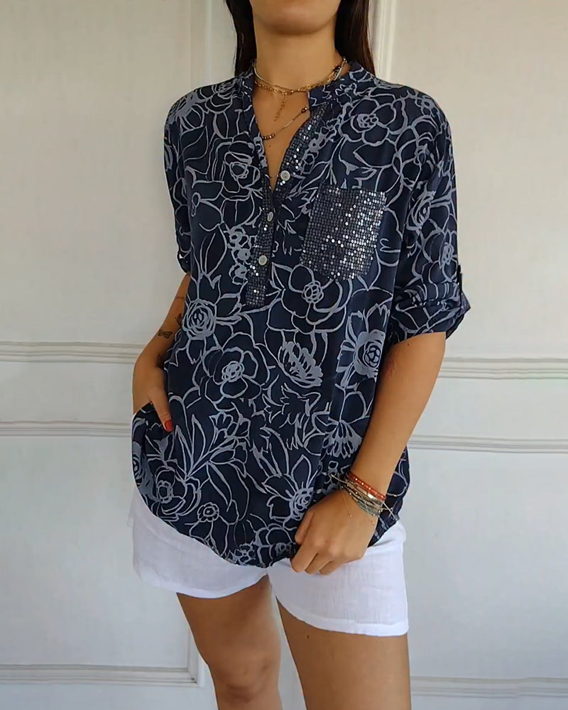 Women's Floral Blouse - Relaxed Fit | Spring - Dark Blue