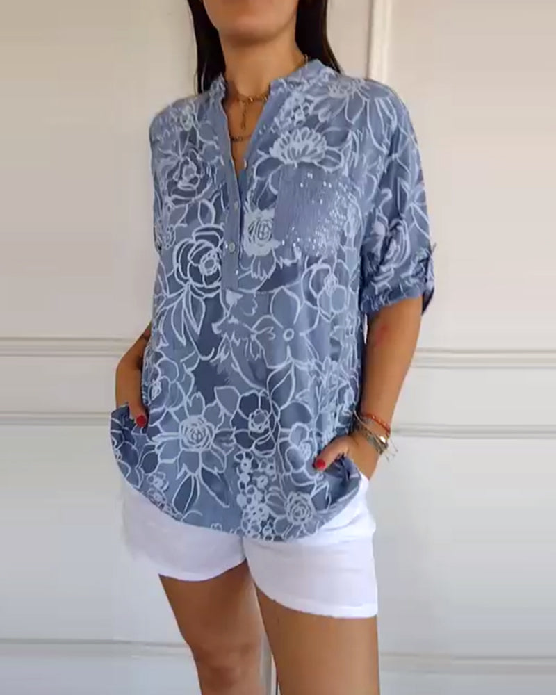 Women's Floral Blouse - Relaxed Fit | Spring - Light Blue