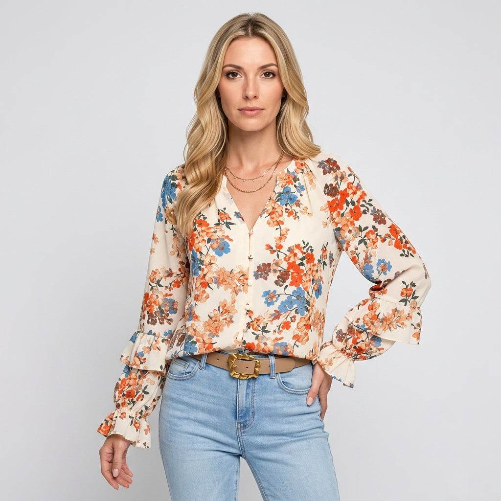 Women's Floral Blouse | Ruffled Sleeves | Spring - Apricot