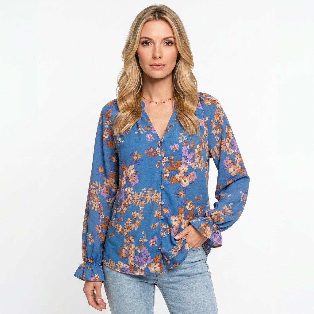 Women's Floral Blouse | Ruffled Sleeves | Spring - Blue