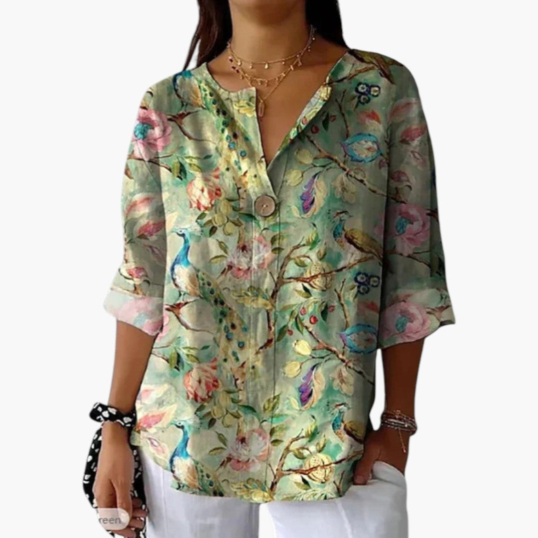 Women's Floral Blouse | Three-Quarter Sleeves | Button Tab | Spring - Multicolor 3