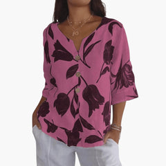 Women's Floral Blouse | V-Neck Button | Casual | Winter - Pink
