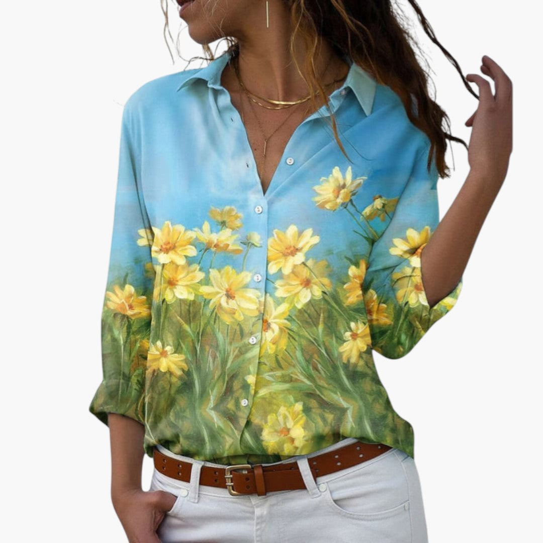 Women's Floral Blouse | V-Neck Button Placket | Casual | Winter - Yellow