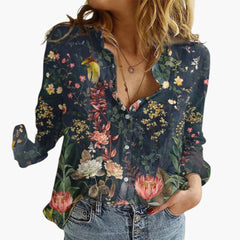 Women's Floral Blouse | V-Neck Button | Romantic | Winter - Blue