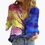 Women's Floral Blouse | V-Neck Button | Romantic | Winter - Navy Blue