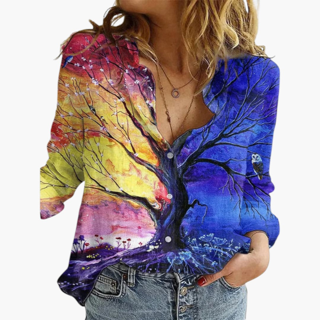 Women's Floral Blouse | V-Neck Button | Romantic | Winter - Navy Blue