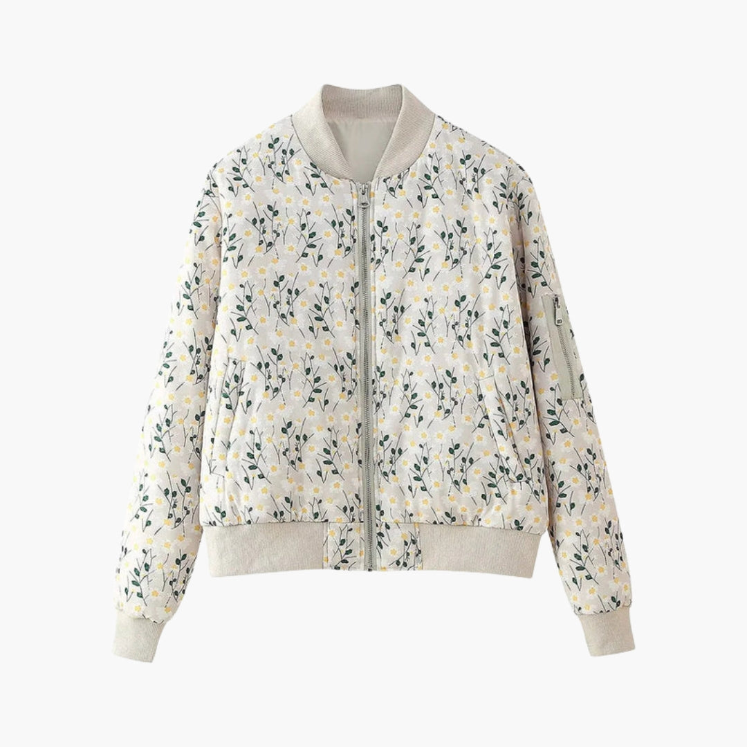 Women's Floral Bomber | Zip Closure | Ribbed Trim | Spring - Cream