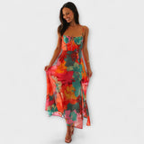 Women's Floral Bustier Maxi Dress - Spaghetti Strap | Summer - Red