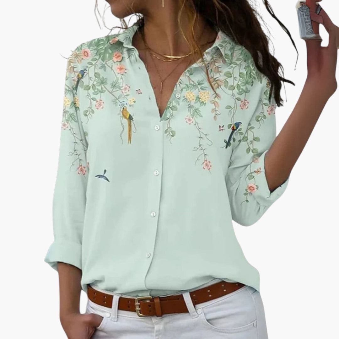 Women's Floral Color-Block Blouse | Pointed Collar | Spring - Army Green