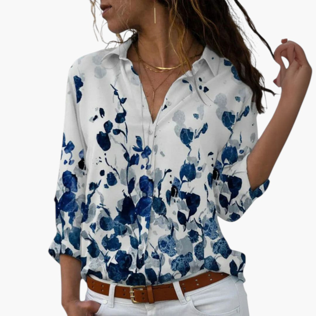 Women's Floral Color-Block Blouse | Pointed Collar | Spring - Sky Blue