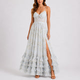 Women's Floral Corset Maxi Dress - Ruffled Wedding Guest | Summer - Blue