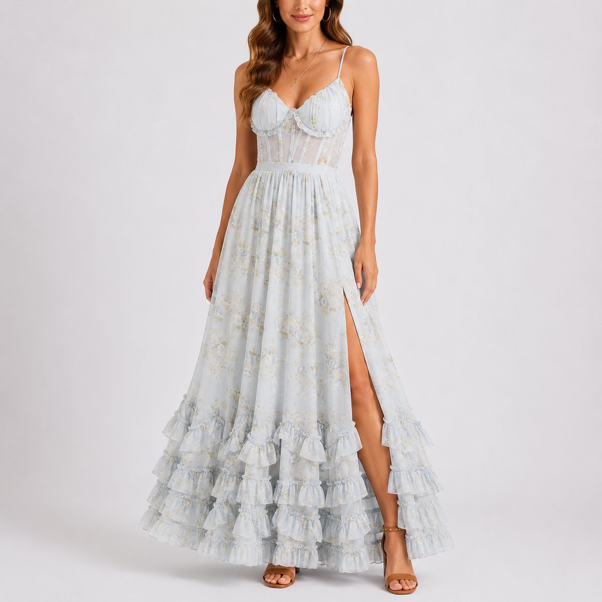 Women's Floral Corset Maxi Dress - Ruffled Wedding Guest | Summer - Blue