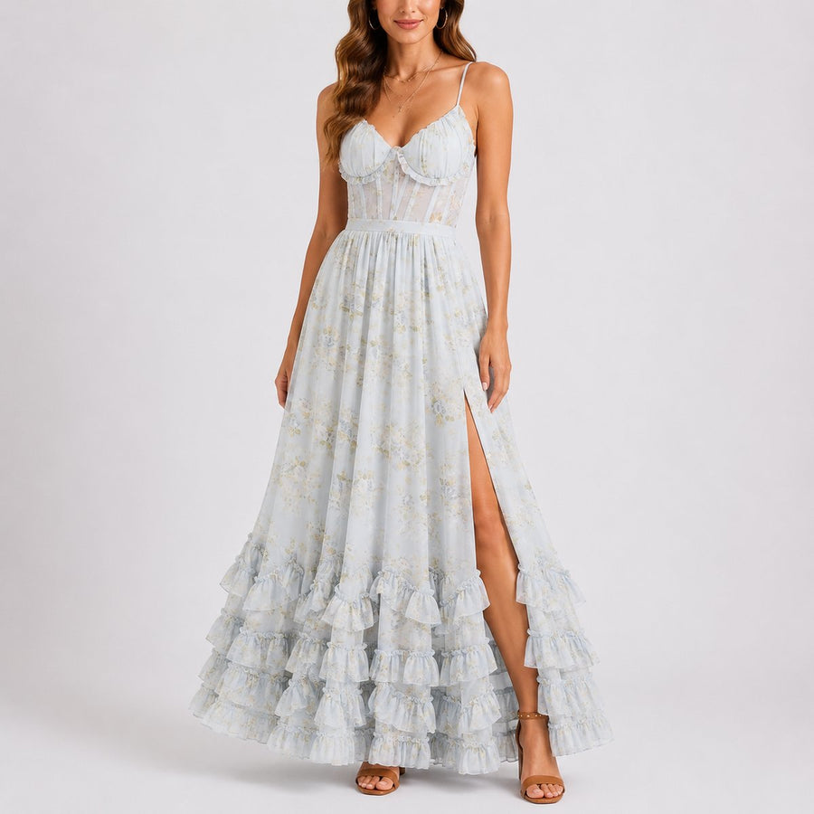 Women's Floral Corset Maxi Dress - Ruffled Wedding Guest | Summer - Blue