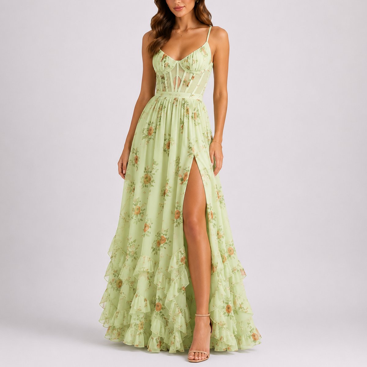 Women's Floral Corset Maxi Dress - Ruffled Wedding Guest | Summer - Green